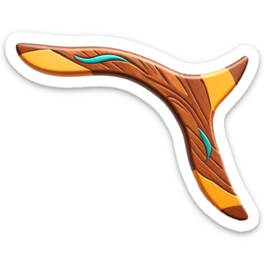 Cinematic Realistic image of a classic boomerang, rendered with detailed wood grain textures and vibrant colors, set against a sunlit outback landscape that emphasizes its iconic Australian heritage sticker