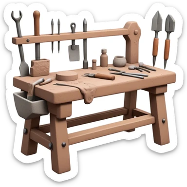 Cinematic Realistic image of a workbench set with a lump of pliable clay and artisanal sculpting tools, rendered with finely detailed textures that reveal subtle clay particles and well-worn tool surfaces, bathed in warm, focused studio lighting sticker