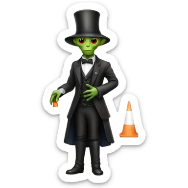 alien galora in Victorian dress elegant, full body, holding traffic cone sticker