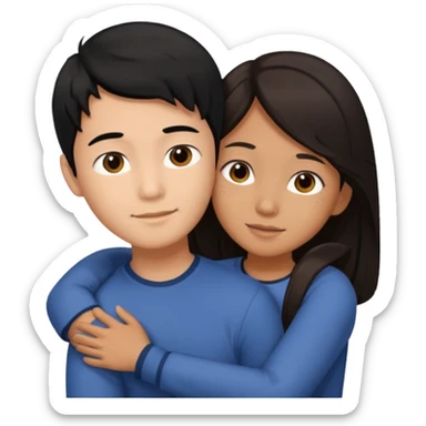 asian boy with black hair and brown long hair girl hugging sticker