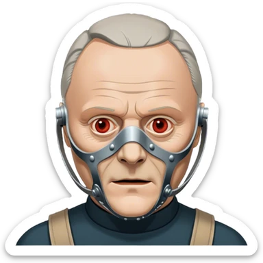 Icon for Hannibal Lecter (Anthony Hopkins): A chilling design with a close-up of Hannibal's face wearing the iconic muzzle mask. Dark, ominous background with sharp lighting to emphasize his intense gaze. A sinister, psychological thriller atmosphere. Transparent background. sticker