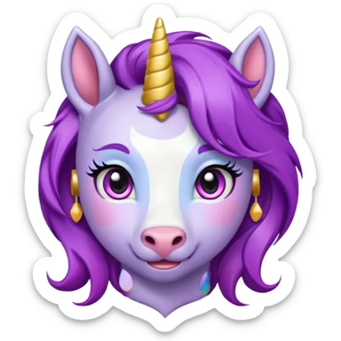 unicorn face cute and purple haired and earrings sticker