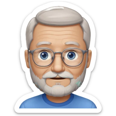 Create me an emoji of an old man. Gray really short size hair. Gray follow-up full beard. Squarer Glasses. Blue eyes. Little smile sticker
