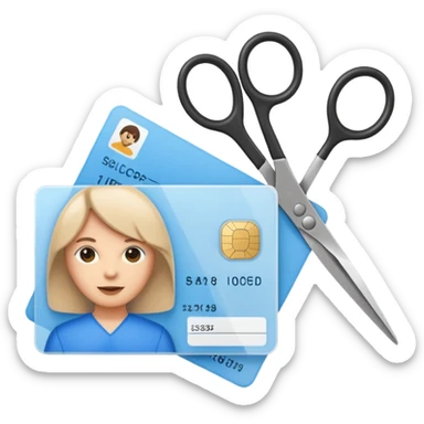 Scissors cutting ID card in 2 parts. Realistic sticker