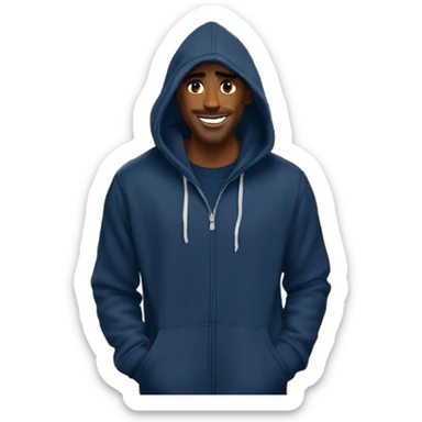 man wearing a navy colored hoodie standing in front of charlotte, nc city skyline sticker