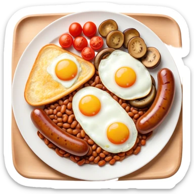 English Breakfast Cinematic Realistic English Breakfast Dish Emoji, depicted as a hearty plate featuring 2 sizzling sausages, a central serving of baked beans, 2 perfectly fried eggs, 2 sliced grilled tomatoes, 2 grilled mushrooms, and a triangle-shaped hash brown, rendered with vivid textures and warm, inviting lighting. sticker