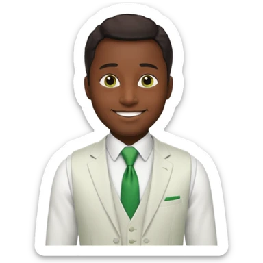 businessman, black skin, brown eyes, white suit vest, green tie sticker