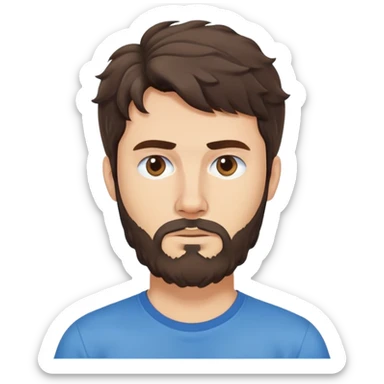Caucasian Argentine man with wavy dark brown hair, longer loose hairstyle with wavy bangs, short full beard, serious-neutral expression, basic blue t-shirt sticker