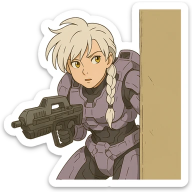 female, wearing reach spartan armor default, long white braid hair with massive messy front side single bangs, gold yellow eyes, attention pose, HALO:series, no helmet, the armor is lavender color scheme, shoulder pad off. DDD bust size fitting. Punk gothic cyberpunk, peeking around a corner while aiming a classic HALO1 AR sticker