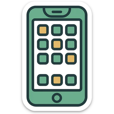 iPhone facing forward with visible app icons, professional style, green gold and white color scheme, bold and clear, suitable for digital use sticker