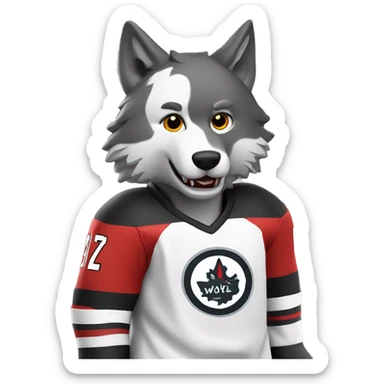 A wolf plays hockey in a black and white red uniform with a wolf emblem on his chest sticker
