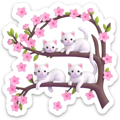 a cherry blossom branch with pink flowers and small white cats peeking out, detailed and realistic yet stylized, rounded petals, playful cats, iOS 3D style sticker