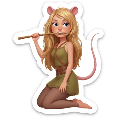 pretty woman with rat tail and rat ears have blond long hair and freckles. she is on her knees and hands and holding the wicker in her teeth sticker