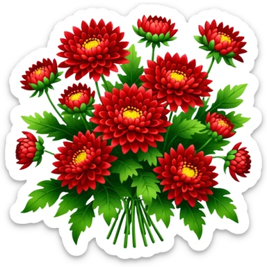 big bouquet Bright Red Chrysanthemum, luxuriant, leaf, bud sticker