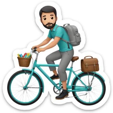 a man with a grey backpack and a torquoise byciycl and he has black shot=rt man hair and a beard with a polo grey shirt and dress pants and hes riding it sticker