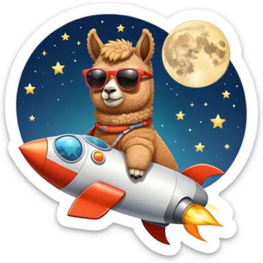 alpaca with sunglasses on rocket ship pointed to the moon sticker