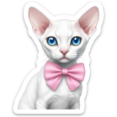 Slim white devon rex with light blue eyes and pink bow sticker