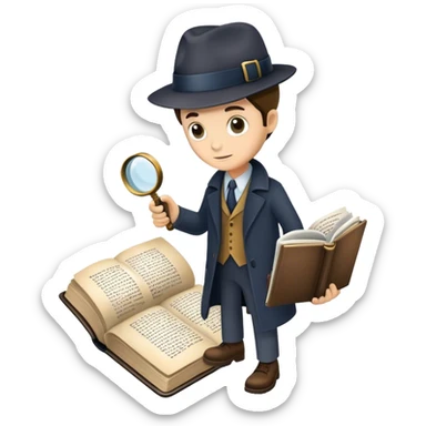 Icon for Detective Reading: an open book with text and a magnifying glass, a detective’s hat and a notebook with clues, surrounded by dark shadows and mysterious elements like footprints. Transparent background. sticker