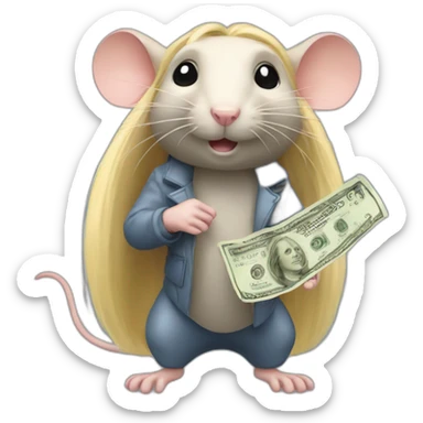 Rat standing up with long blond hair holding money sticker