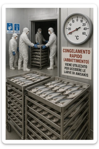 a fish processing facility where freshly caught fish are placed on trays and moved into a large industrial freezer. A temperature gauge shows -20°C, and an educational label explains that rapid freezing (abbattimento) is used to kill Anisakis larvae. The background includes workers in protective clothing and clear signage about food safety. in italiano sticker