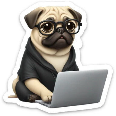 a pug wearing glasses with laptop sticker
