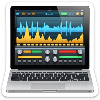 Close-up shot of a laptop screen clearly visible, showing a professional audio mixing interface focused on voice editing: audio level meters (VU meters) moving, voice waveform, volume faders, EQ panel, compressor, limiter, noise reduction, de-esser, gain controls sticker