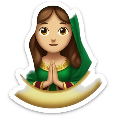 Virgin Mary: kind face looking down at the left, long brown hair, Wearing an emerald green  robe with gold stars and a burgundy red dress,  Hands in prayer or blessing. Halo around her head. standing on a crescent moon.  sticker