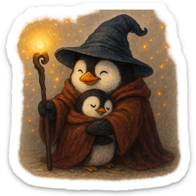 penguin wizard giving a warm hug, staff in hand, cozy atmosphere, magical ambiance sticker