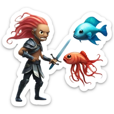 beta fish with sword fighting squid with gave sticker