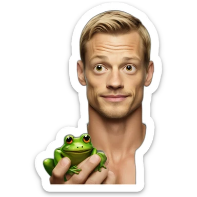 Joel Kinnaman holding a frog sticker
