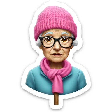 old lady with a hot pink beanie, no hair, baby blue coat, a wooden cane and thin rectangular glasses frowning sticker