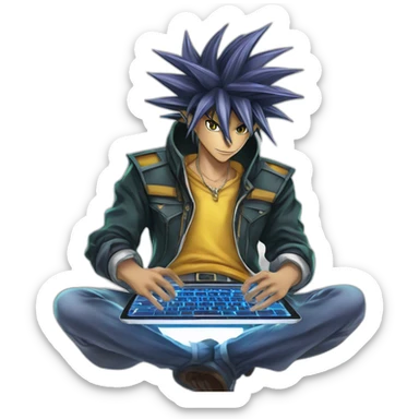 developer behind his laptop with this style :  yu-gi-oh manga anime with hacker themed character sticker