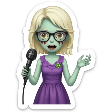 singer, Zombie girl, super happy, wearing dress, holding mic, glasses sticker