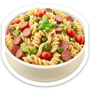 fusilli pasta salad with chopped sausage, chopped gherkins, chopped cocktail tomatoes and mayonnaise tomatoes and mayonnaise  sticker