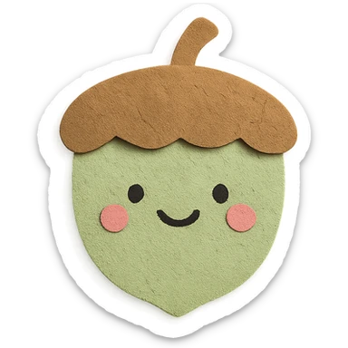 soft green acorn with a smiley face, hand-drawn kawaii style, paper craft style sticker