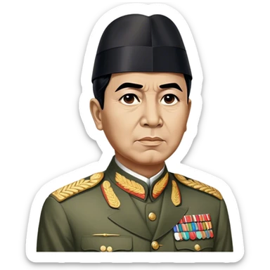 ​Cinematic Realistic Portrait of Sukarno, depicted in a lifelike, realistic style based on his iconic portrait, showcasing his thoughtful, charismatic expression in period attire, rendered with detailed textures and warm, evocative lighting that captures his pioneering spirit and national pride, sticker
