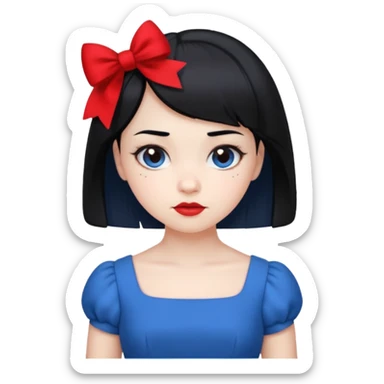 girl with white skin, short black hair, red bow, wearing a blue dress sticker