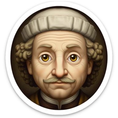 Cinematic Realistic Rembrandt Portrait Emoji, depicted as a master painter with deep reflective eyes and dramatic chiaroscuro, rendered with intricate textures and moody historic lighting that captures his timeless artistry. sticker