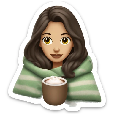 Brunette girl with grey-green eyes in cozy vibes in blanket with hot chocolate  sticker