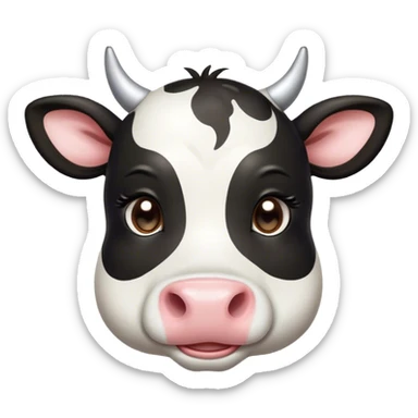 Cinematic Cute Black and White Cow Portrait Emoji, Head tilted playfully and inquisitively, featuring a glossy, contrasting coat of black and white, round, sparkling brown eyes filled with gentle curiosity, Simplified yet irresistibly adorable features, highly detailed, glowing with a warm, friendly glow, high shine, affectionate and serene, stylized with a touch of contemporary charm, bright and endearing, soft glowing outline, capturing the essence of a mischievous yet loving cow, so playful it feels like it could moo out of the screen and into your arms! sticker