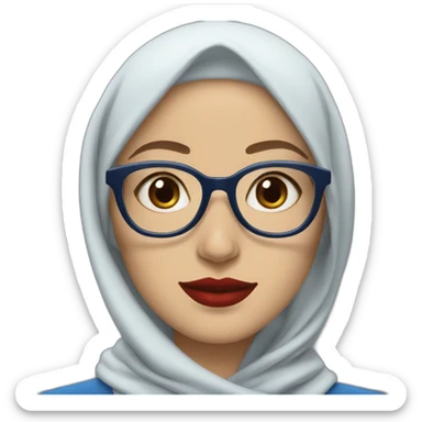 blue Hijabi white woman with glasses and brown eyes wearing a blue suit red lipstick sticker