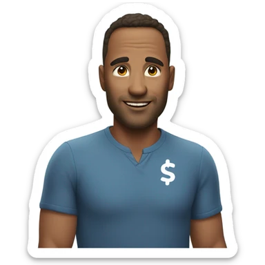 Handsome 40 year old man under blue sky with a $ symbol on his forehead  sticker