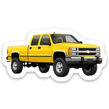 Minimalist bright yellow 1997 Chevrolet C-2500 Crew Cab Silverado truck, three-quarter view at 30 degrees, simplified design, same yellow color as in Kill Bill movie, iOS emoji style sticker