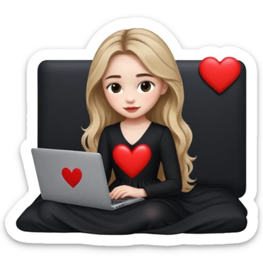 Sabrina carpenter in a black nightdress sitting on a bed with her laptop open and there is a heart on her laptop  sticker