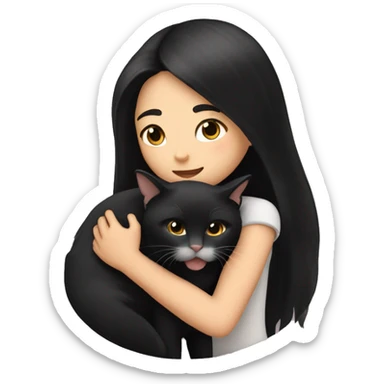 girl with very long black hair hugging a cat  sticker