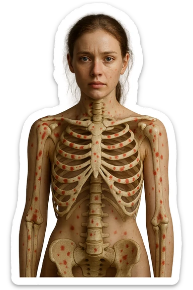 donna realistica con red spot sparsi alle ossa, ossa visibili sul corpo, iperrealistico 4k sticker