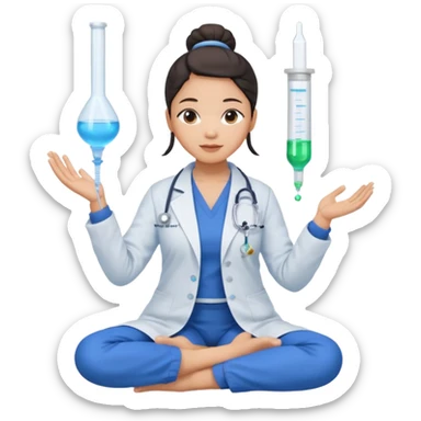 emoji of an asian woman with a single bun in a blue lab coat sitting cross legged with dna levitating above one hand and a micropipette above the other hand sticker