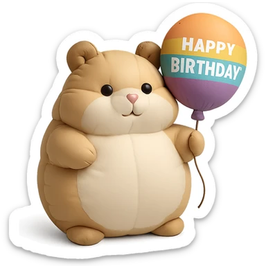 hamster holding a colorful balloon with 'Happy Birthday' text, cushion style sticker