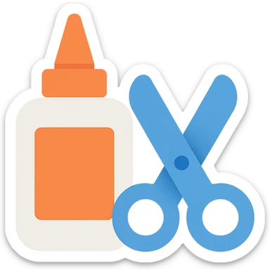 bottle of glue with orange label and tip and a pair of blue scissors, flat toon vector illustration sticker