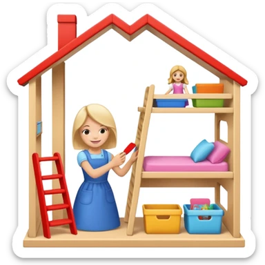 smiling girl arranging furniture in doll house sticker